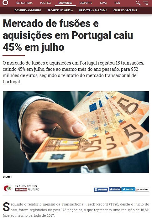 Mercado de fuses e aquisies em Portugal caiu 45% em julho